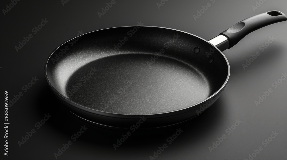 A sleek black non-stick frying pan on a dark background symbolizes simplicity and functionality. A sleek black non-stick frying pan on a dark background symbolizes simplicity and functionality.