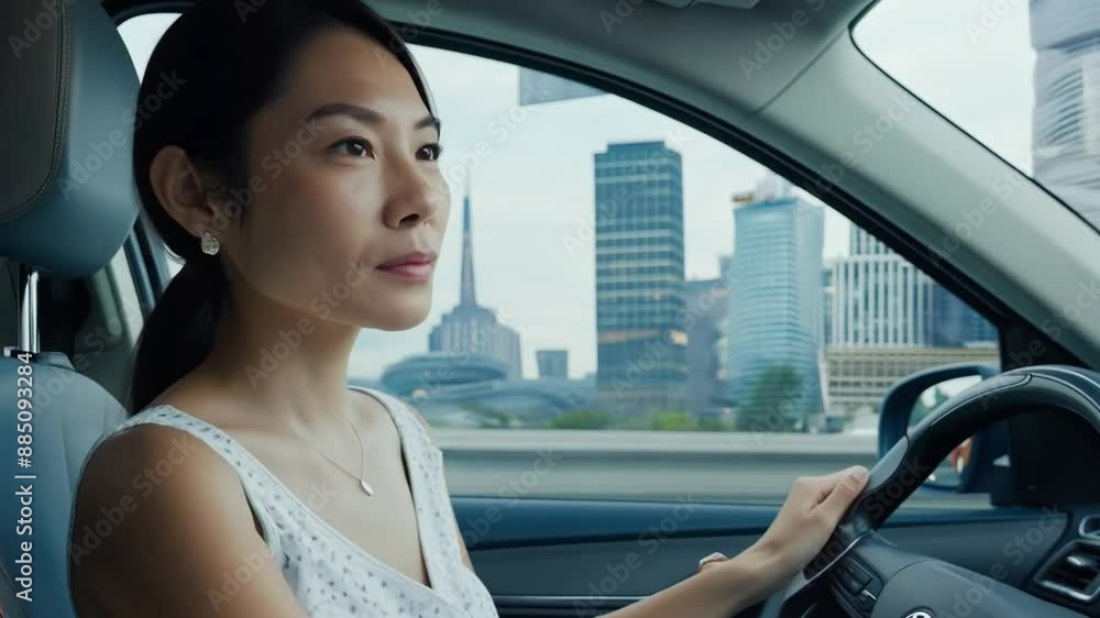 Smiling brunette woman driving car in city Smiling brunette woman driving car in city