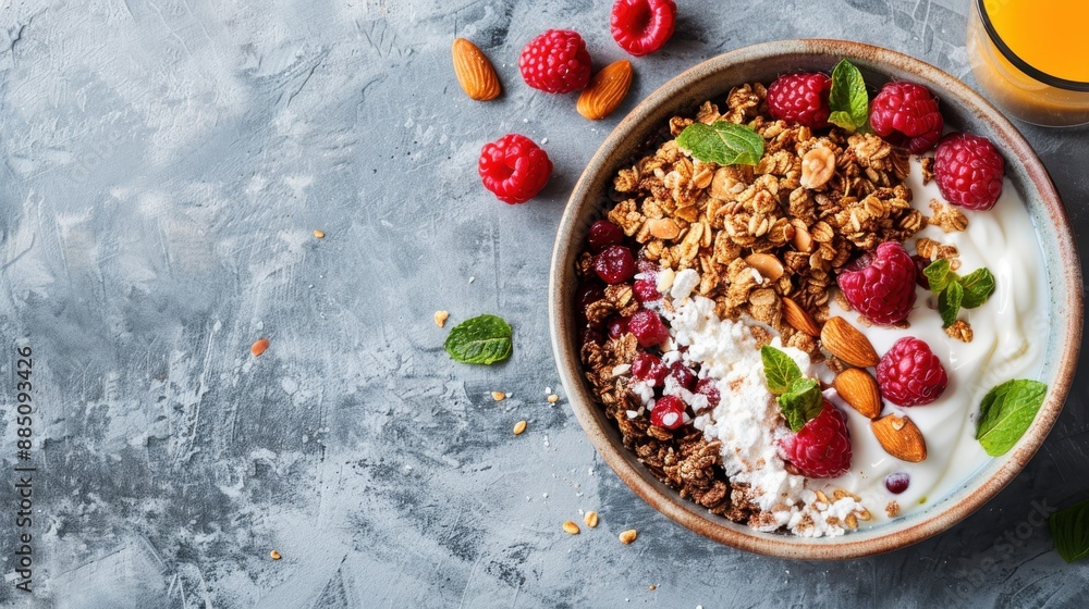 Start your morning with a delicious yogurt bowl mixed with crunchy granola, fresh raspberries, and almonds. A visually appealing and nutritious breakfast option for every day. Start your morning with a delicious yogurt bowl mixed with crunchy granola, fresh raspberries, and almonds. A visually appealing and nutritious breakfast option for every day.
