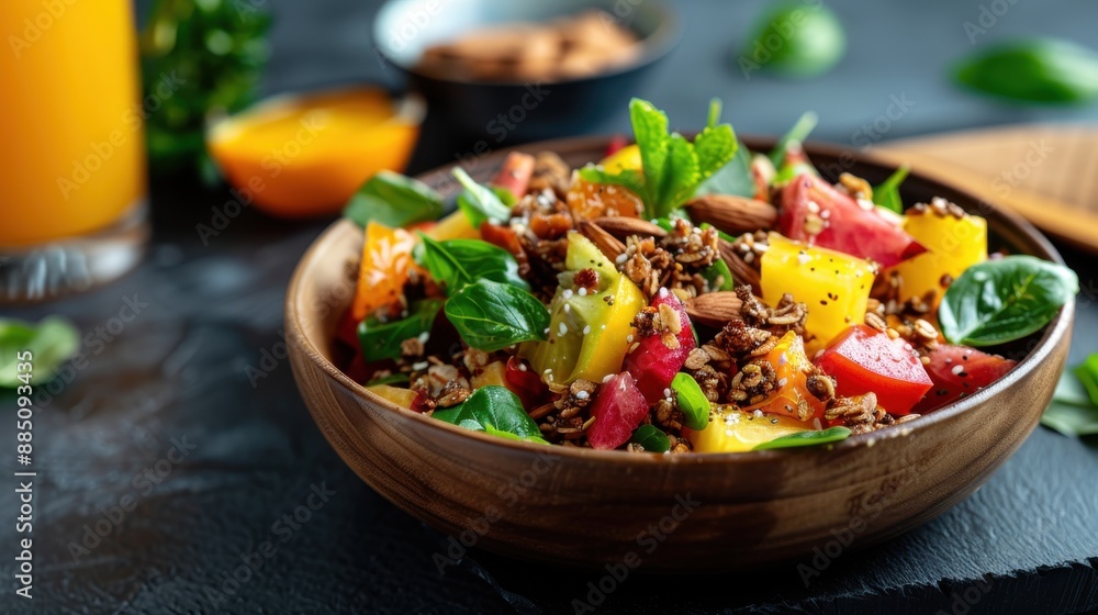 A wholesome granola and fruit bowl complemented with fresh vegetables like colorful bell peppers and herbs. A refreshing combination for a tasty and balanced meal. A wholesome granola and fruit bowl complemented with fresh vegetables like colorful bell peppers and herbs. A refreshing combination for a tasty and balanced meal.