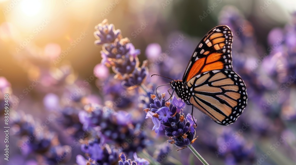 Obraz premium An exquisite image of a monarch butterfly feeding on lavender flowers, bathed in soft sunlight. It captures the natural beauty and the gentle interaction between insect and plant.