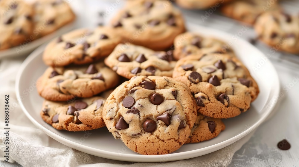 Plate of warm chocolate chip cookies, emphasizing their rich texture and delicious flavor. Plate of warm chocolate chip cookies, emphasizing their rich texture and delicious flavor.