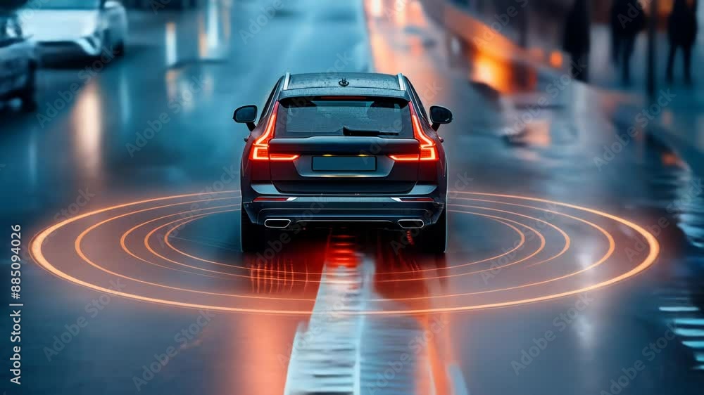 Autonomous Car with Advanced Safety Systems on a Wet Urban Street at ...