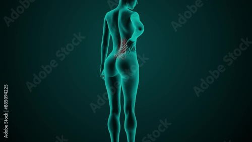 X-ray scan of the lumbosacral spine of a young adult woman with low back pain caused by trauma or inflammation. Medically accurate 3D animation