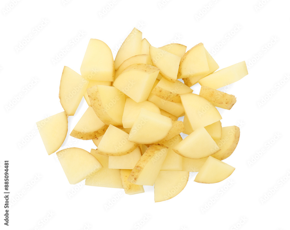 Pile of fresh cut potato isolated on white, top view Pile of fresh cut potato isolated on white, top view