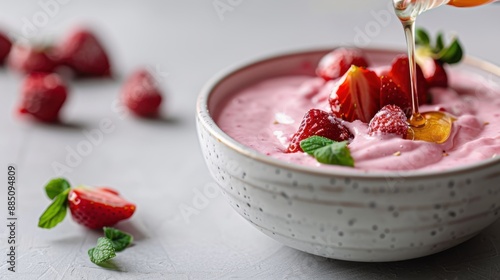 A close-up shot of a ceramic bowl filled with a smooth strawberry yogurt, topped with halved strawberries and mint leaves, being drizzled with honey for added sweetness.