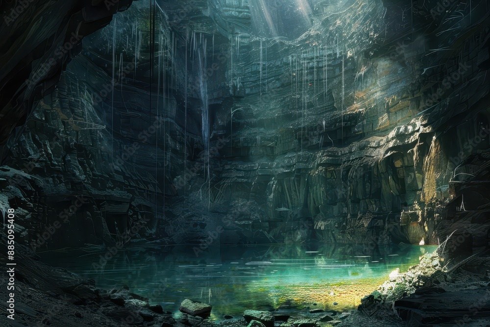 Fototapeta premium Bioluminescent cavern with a hidden entrance