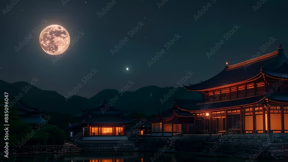 Video animation of night scene with a full moon in the sky, partially covered by clouds. there’s a traditional East Asian style building with illuminated windows Video animation of night scene with a full moon in the sky, partially covered by clouds. there’s a traditional East Asian style building with illuminated windows