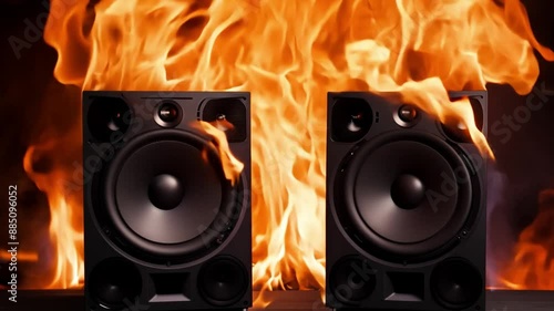 Two large speakers are on fire, photo