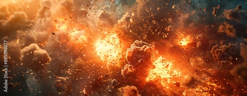 Dynamic action scene with superheroes and explosions, ample copy space