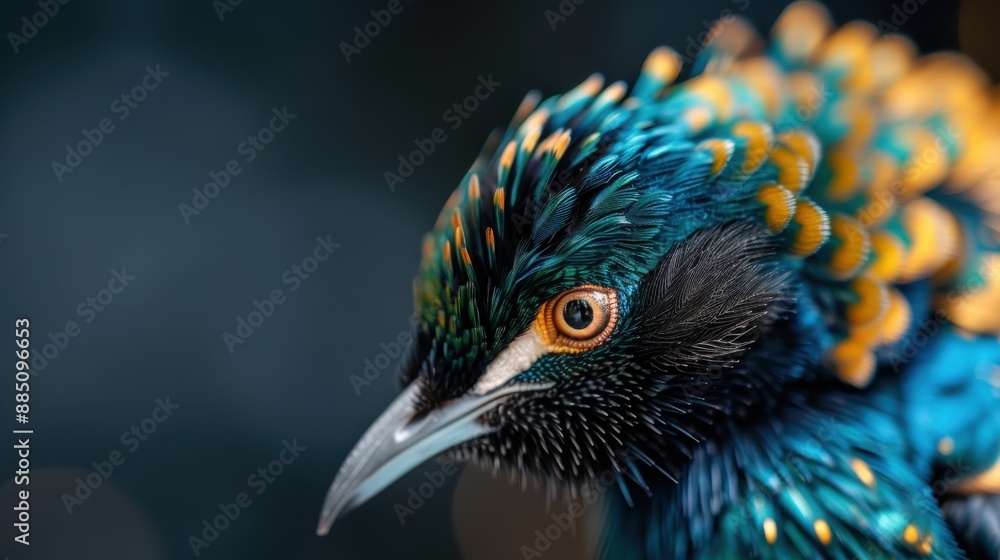 Obraz premium A stunning close-up image of a vibrant bird showcasing its brilliantly colored feathers in shades of blue, green, and gold, highlighting the beauty of nature's diversity.