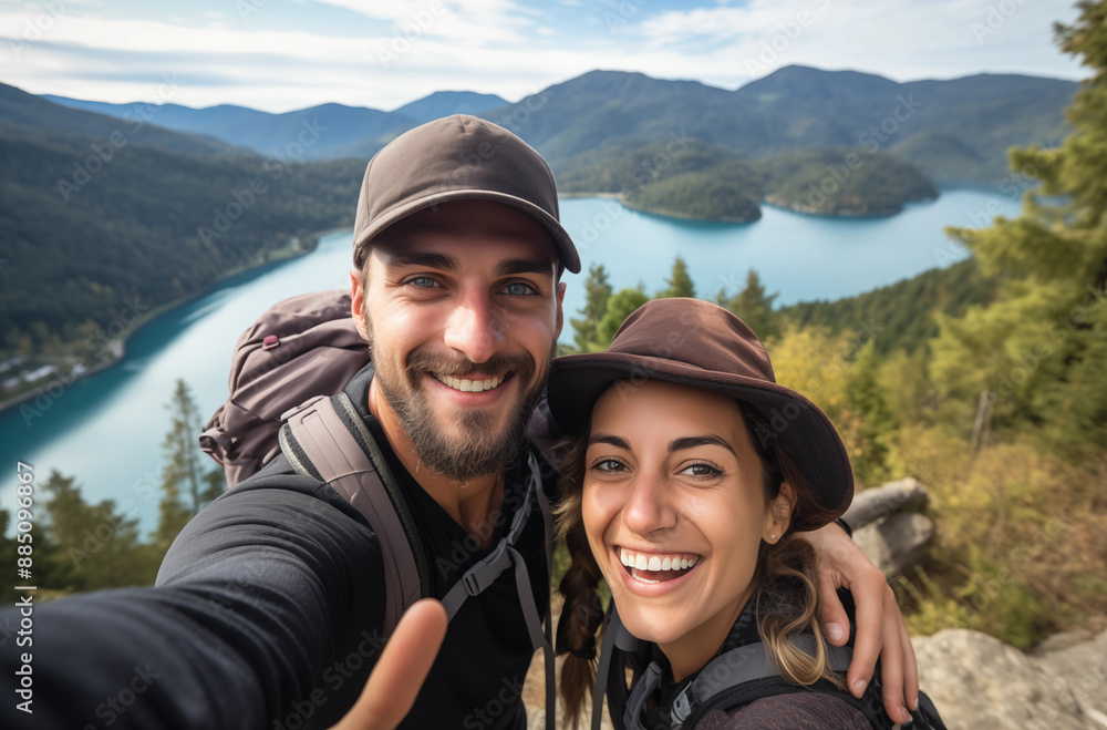 Couple Taking a Selfie with a Scenic Mountain Lake in the Background on a Beautiful Sunny Day Couple Taking a Selfie with a Scenic Mountain Lake in the Background on a Beautiful Sunny Day