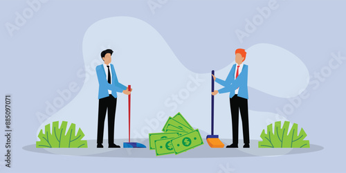 Businessmen sweeping money from the floor 2d flat vector illustration