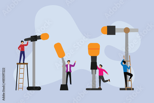 Concept of live report, interview, big microphone in journalist's hand. Live news template 2d flat vector illustration