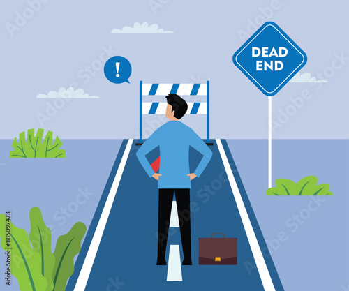 Wrong decisions, unsuccessful entrepreneur choose wrong path. False way. Management errors, concept. Unhappy Businessman is stuck. Male manager thinking and looks at dead end sign. Road end 2d flat ve