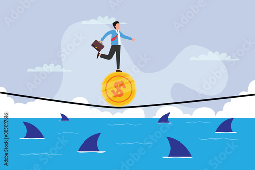 Financial and business risk. stability or balance of economics and investment or risk for losing job concept, businessman balancing not to fail from walking on golden coin and rope 2d flat vector illu