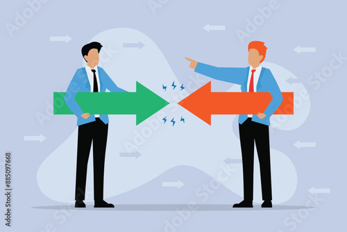 Two Businessmen Holding Opposite Arrows 2d flat vector illustration
