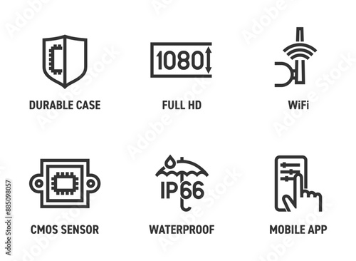 Security CCTV camera general features icons set in bold line