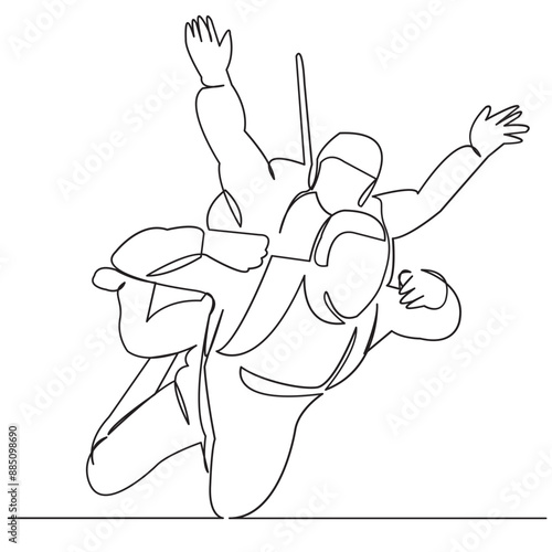 continuous single drawn line parachutists jump out of the plane, the athlete, extreme hand-drawn picture silhouette. Line art. Doodle