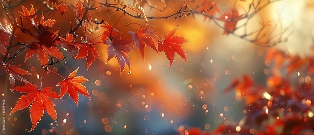 Red Maple Leaves Against A Blurry Autumn Background Red Maple Leaves Against A Blurry Autumn Background
