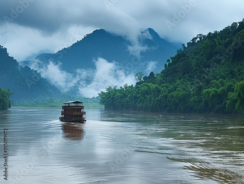 a large river with tropical forests and mountains and a houseboat is sailing carrying tourists for travelling. The wallapper background concept has a calm and relaxing nature theme photo