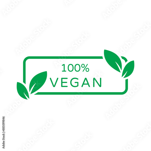 Vegan green vector rectangular label with leaves on white background. Organic, bio and vegetarian symbol. Meat free, eco, lactose free, healthy, fresh and non violent food.