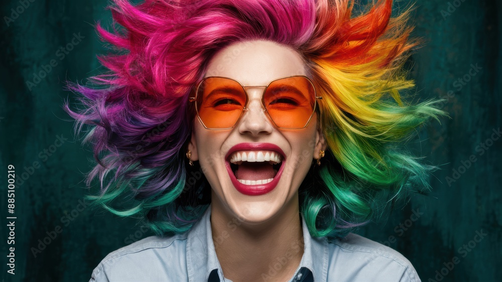 A woman with a rainbow colored hair and sunglasses smiling, AI A woman with a rainbow colored hair and sunglasses smiling, AI