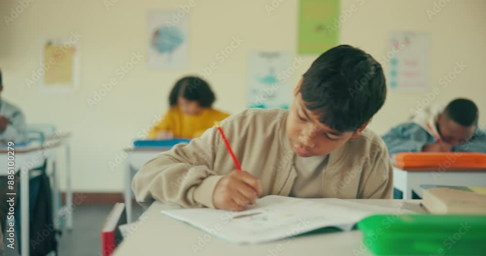 Student, desk and thinking with test in classroom, homework or quiz activity for learner. Education, childhood development and info, knowledge and young people in elementary school for studying Student, desk and thinking with test in classroom, homework or quiz activity for learner. Education, childhood development and info, knowledge and young people in elementary school for studying