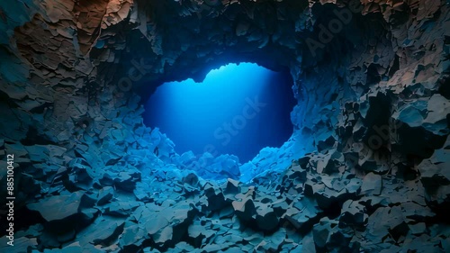 Wallpaper Mural Video animation of underwater cave with a view towards a bright blue opening, which is likely the entrance to the cave Torontodigital.ca