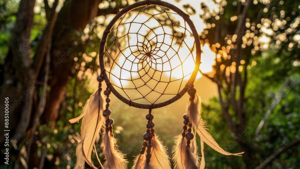 Obraz premium A dream catcher hanging from a tree in the sun, AI