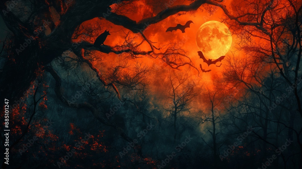 Fototapeta premium A spooky Halloween scene under a blood-red moon, with silhouettes of bats flying through a haunted forest.