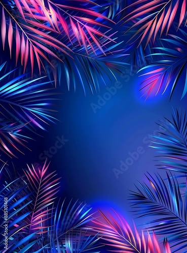 Wallpaper Mural Neon light with tropical palm leaves on dark blue background Torontodigital.ca