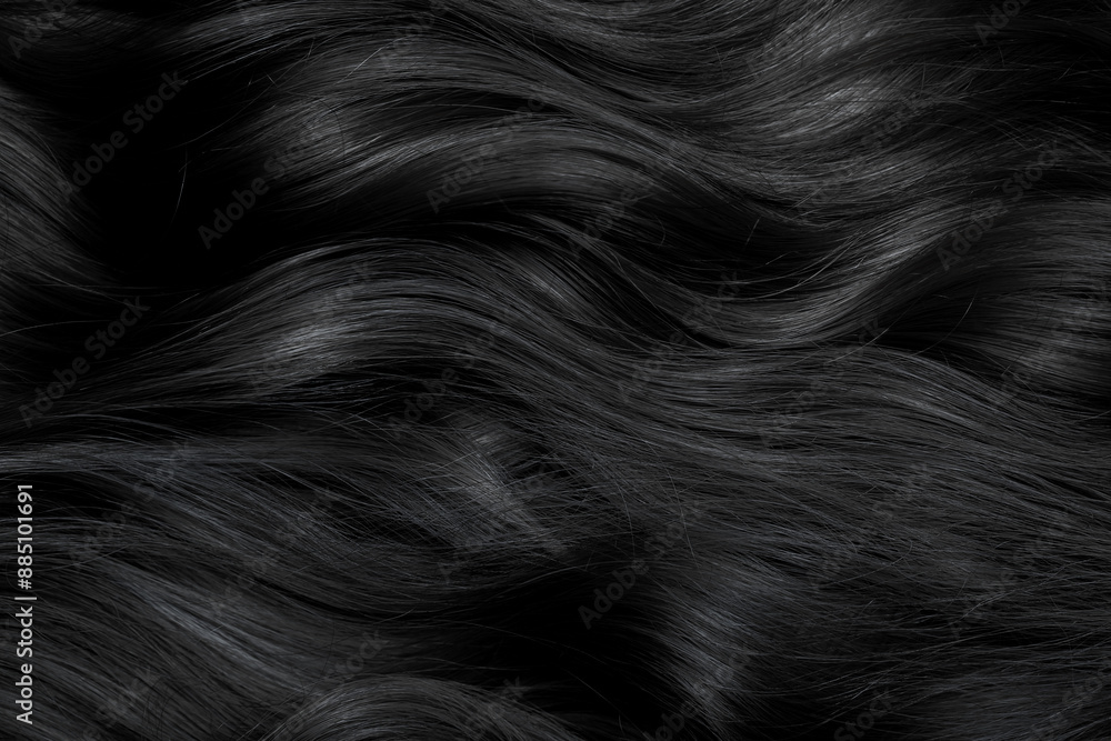 Naklejka premium Brunette or black hair. Female long dark hair in black. Beautifully laid curls. Closeup texture in a dark key. Hairdressing, hair care and coloring. Shading gray hair. Background with copy space.
