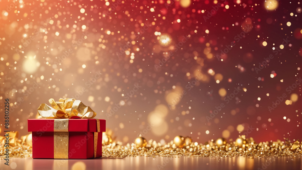 Left composition of one gift boxes with a shinny bow adorned gold ball on floor scene. decorative with golden ball, sparkle, confetti, red and yellow bokeh light on background Left composition of one gift boxes with a shinny bow adorned gold ball on floor scene. decorative with golden ball, sparkle, confetti, red and yellow bokeh light on background