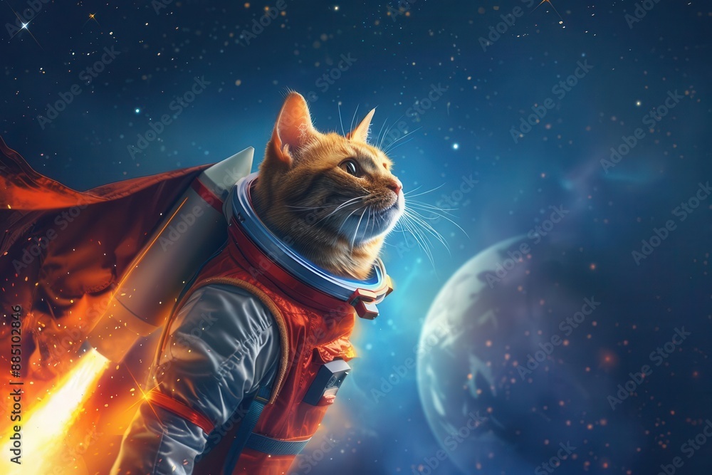 heroic feline astronaut launching into space ginger tabby cat in custom spacesuit with cape billowing dramatically rocket flames and twinkling stars against deep blue cosmic background heroic feline astronaut launching into space ginger tabby cat in custom spacesuit with cape billowing dramatically rocket flames and twinkling stars against deep blue cosmic background