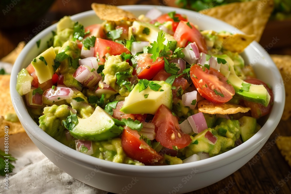 A bowl of fresh guacamole with chunky avocado, tomatoes, onions, and cilantro, served with a side of tortilla chips. A bowl of fresh guacamole with chunky avocado, tomatoes, onions, and cilantro, served with a side of tortilla chips.