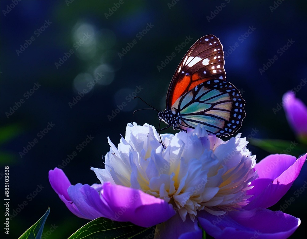 A close up shot of a colorful butterfly perched gracefully on top of a vibrant white and green peony flower in a blooming garden sanctuary A close up shot of a colorful butterfly perched gracefully on top of a vibrant white and green peony flower in a blooming garden sanctuary