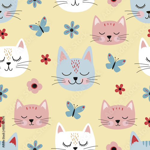 seamless pattern with cat heads, flowers, butterflies