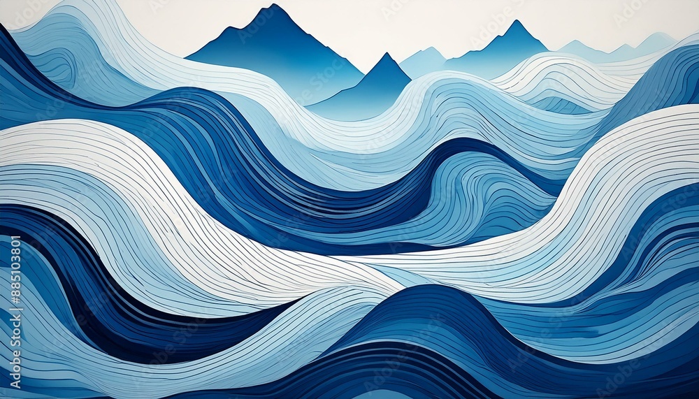 Fototapeta premium Abstract Blue and White Waves and Mountains Illustration Background for Travel and Art Themes 