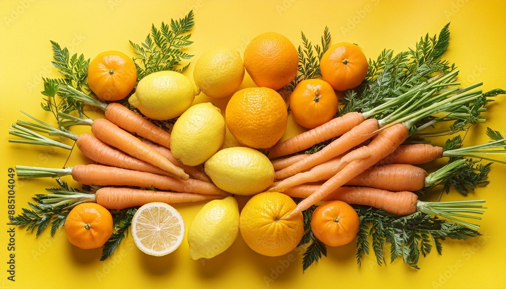 Assorted fresh carrots, oranges, and lemons on vibrant yellow background, flat lay arrangement, top view concept for healthy eating and agriculture Assorted fresh carrots, oranges, and lemons on vibrant yellow background, flat lay arrangement, top view concept for healthy eating and agriculture
