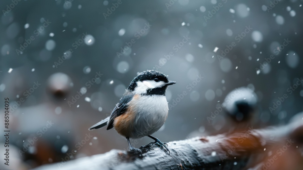 Obraz premium Small bird on a branch, framed against softly falling snowflakes. The image emphasizes the bird's resilience and the beauty of nature's contrasting elements.