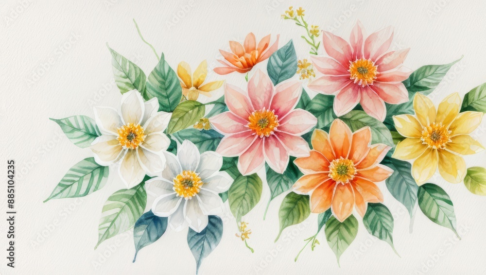 Watercolor Illustration of Flowers Petals and Leaves on White Canvas Watercolor Illustration of Flowers Petals and Leaves on White Canvas