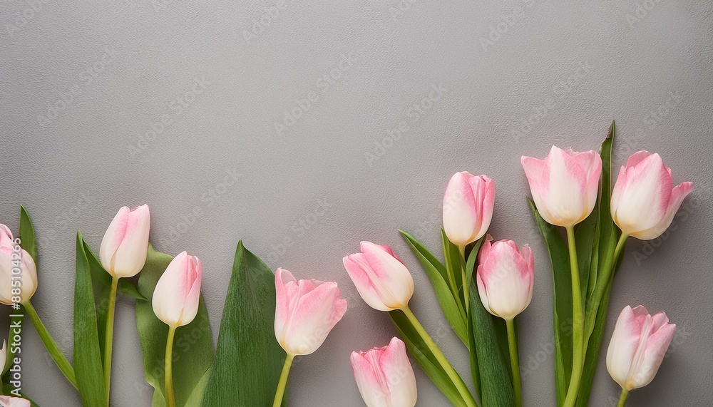 Beautiful Pink Tulips on Gray Background With Copy Space, Top View, Spring Flowers, Floral arrangement, Serene and Elegant Botanical Composition Beautiful Pink Tulips on Gray Background With Copy Space, Top View, Spring Flowers, Floral arrangement, Serene and Elegant Botanical Composition