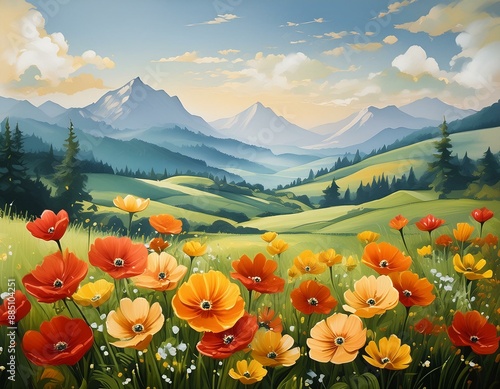 Beautiful Field of Red, Orange, and Yellow Flowers A Serene Landscape Painting in Lush Greenery 