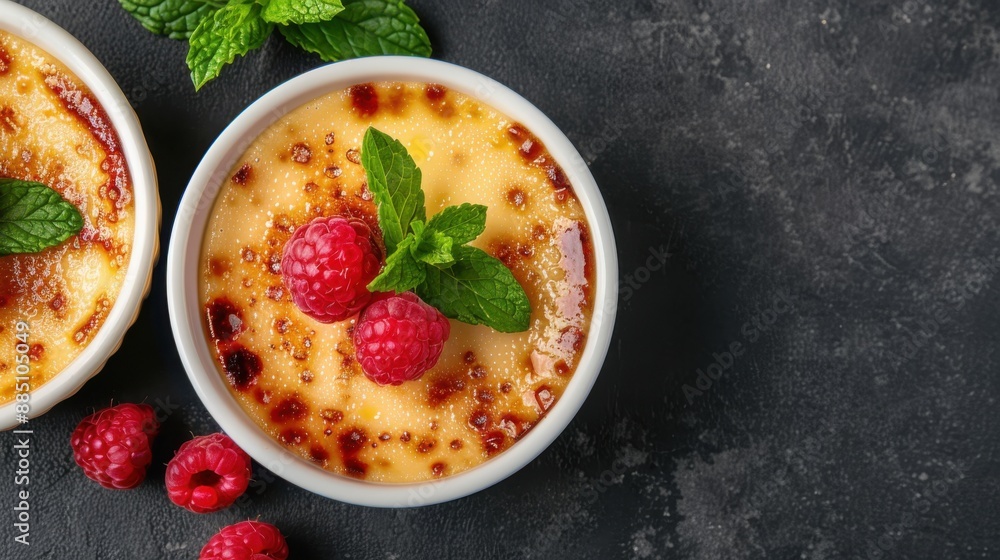 Artistic presentation of a crème brûlée dessert topped with fresh raspberries and mint leaves, featuring a caramelized sugar crust and set against a dark textured background.