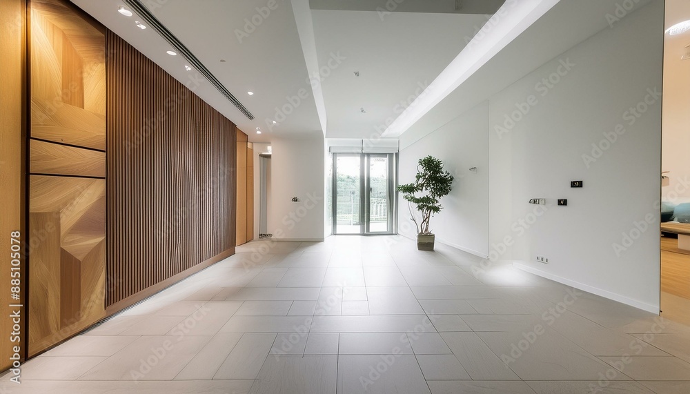 Obraz premium Empty Modern Hall with Contemporary Design and White Walls, Inside a Studio Apartment. 