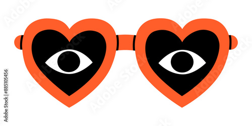 Hand drawn cute cartoon illustration of heart shaped glasses with eyes. Flat vector first sight love doodle. Rose-colored vision icon. Valentine's Day print. Searching for relationship. Isolated.
