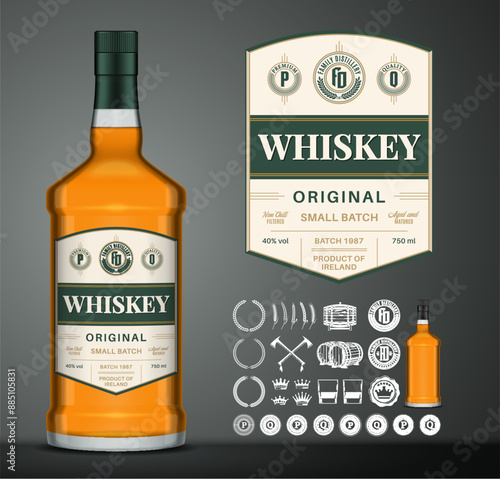 Vector whiskey label template. Whiskey glass bottle mockup. Distilling business branding and identity design elements