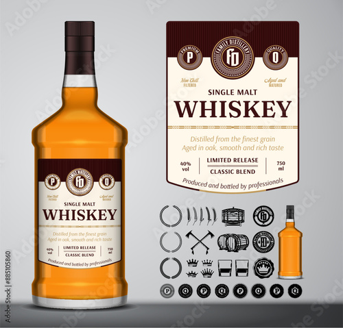 Vector whiskey label template. Whiskey glass bottle mockup. Distilling business branding and identity design elements