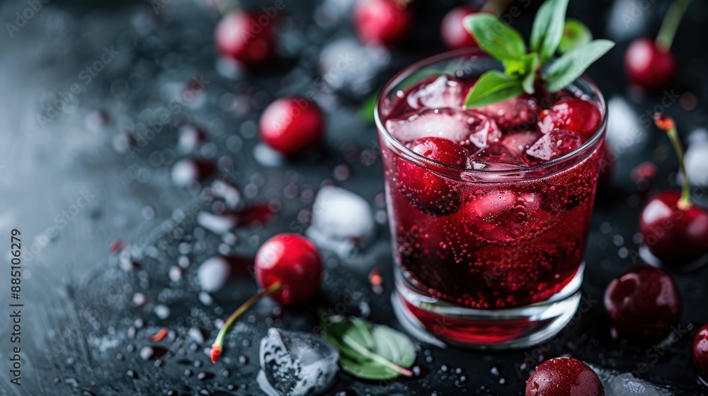 An artistic depiction of a chilled cherry beverage garnished with ice cubes and fresh mint leaves, placed on a dark and sleek background with scattered cherries and ice. An artistic depiction of a chilled cherry beverage garnished with ice cubes and fresh mint leaves, placed on a dark and sleek background with scattered cherries and ice.